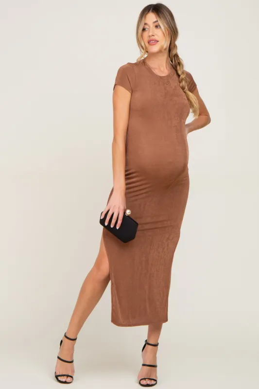 Camel Short Sleeve Side Slit Maternity Maxi Dress sold by Pinkblush