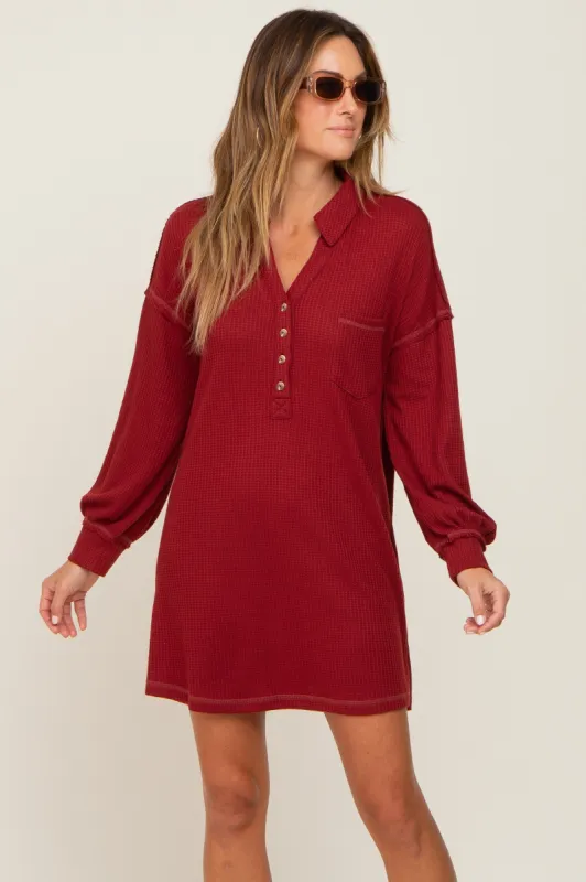 Burgundy Waffle Knit Collared Long Sleeve Dress sold by Pinkblush