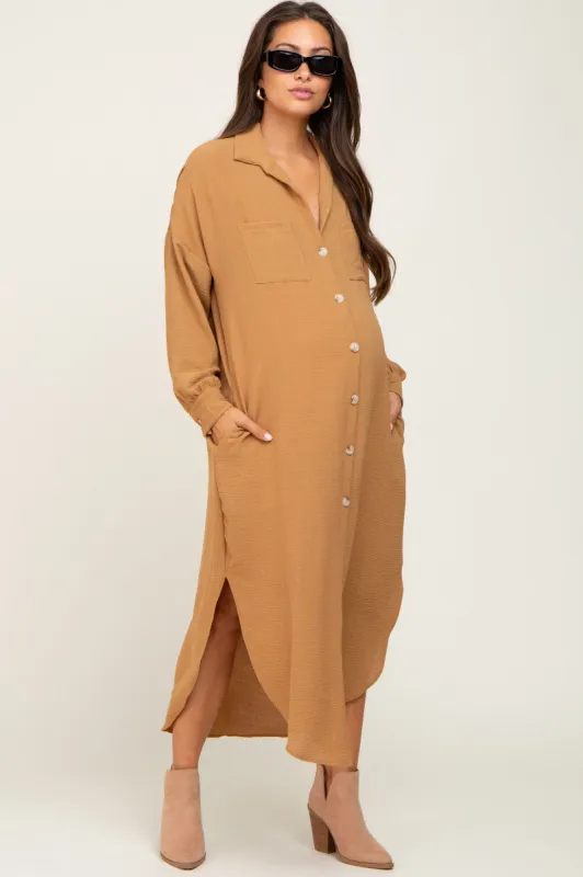 Gold Button Down Front Pocket Maternity Midi Dress sold by Pinkblush