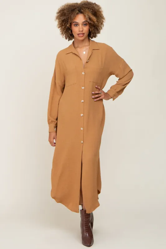 Gold Button Down Front Pocket Midi Dress sold by Pinkblush