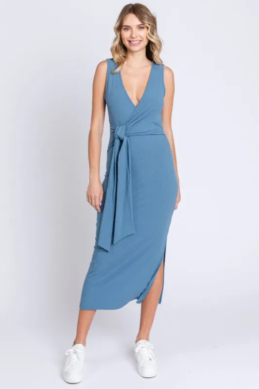 Blue Rib Knit Side Tie Midi Dress sold by Pinkblush