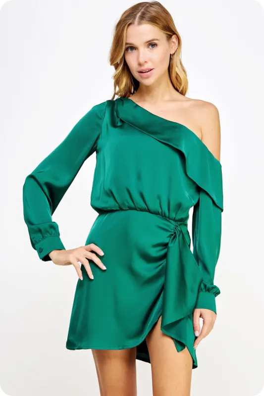Forest Green One Shoulder Draped Satin Mini Dress sold by Pinkblush