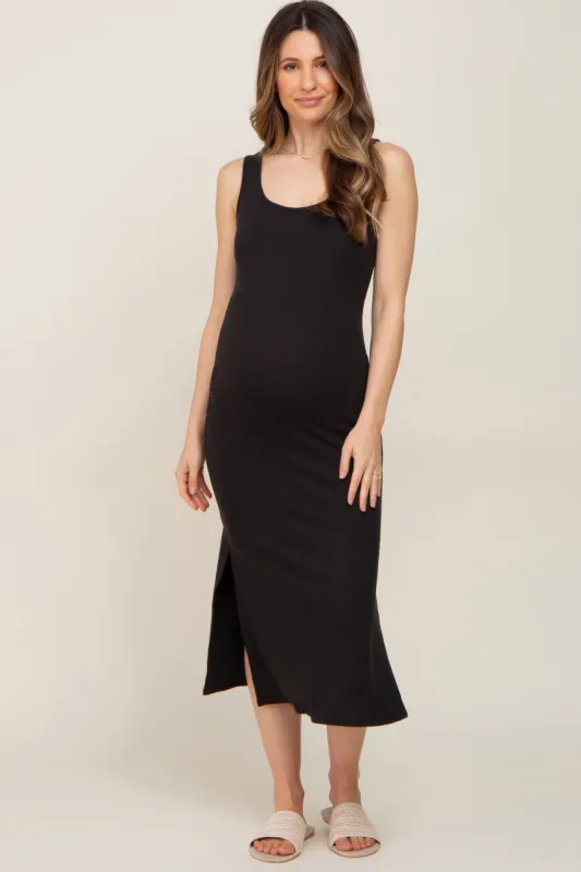 Black Ribbed Side Slit Maternity Midi Dress sold by Pinkblush