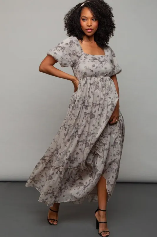 Grey Floral Square Neck Short Puff Sleeve Maxi Dress sold by Pinkblush