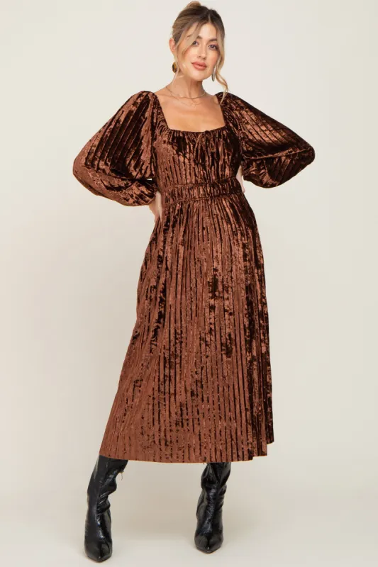 Brown Velvet Pleated Maternity Midi Dress sold by Pinkblush