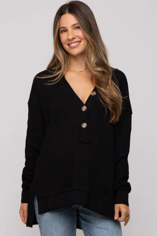 Black Waffle Knit Deep V-Neck Maternity Top sold by Pinkblush