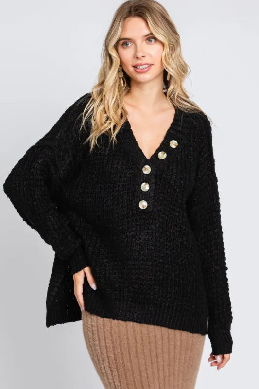 Black Henley Side Slit Sweater sold by Pinkblush