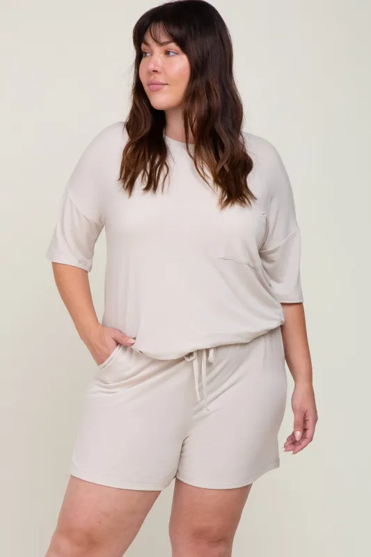 Beige Pocket Front Plus Pajama Short Set sold by Pinkblush