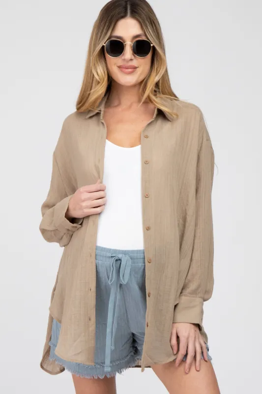 Mocha Lightweight Sheer Button Down Maternity Blouse sold by Pinkblush