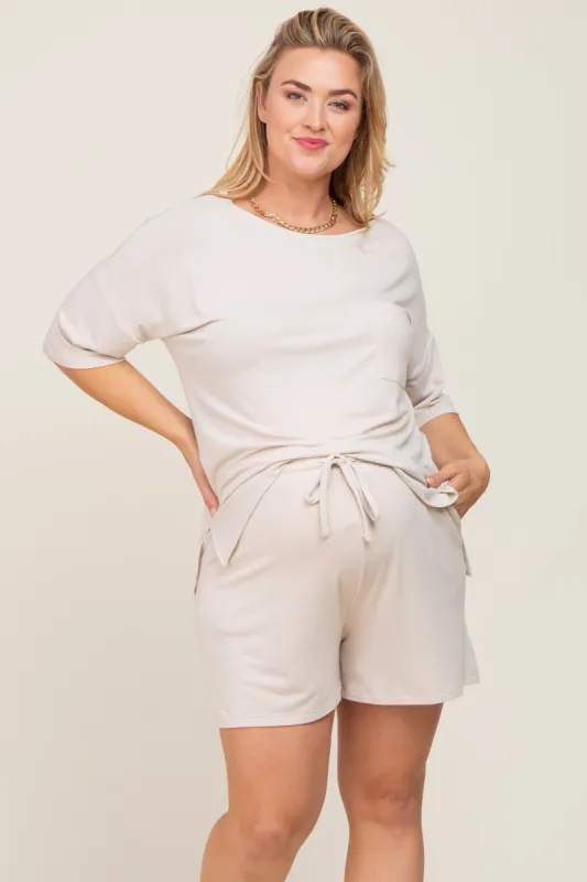 Beige Pocket Front Maternity Plus Pajama Short Set sold by Pinkblush