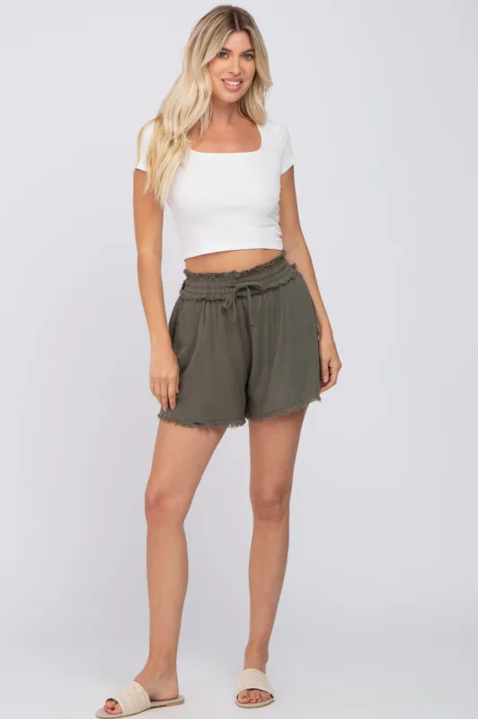 Olive Soft Linen Frayed Drawstring Shorts sold by Pinkblush