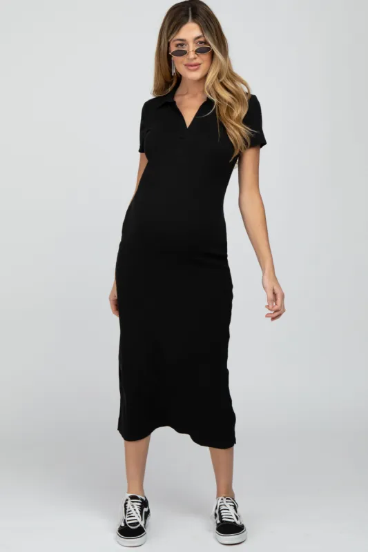 Black Ribbed Collared Fitted Maternity Midi Dress sold by Pinkblush