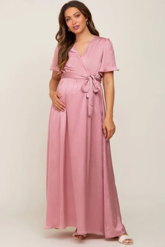 Pink Satin Wrap Front V-Neck Short Sleeve Side Slit Maternity Maxi Dress sold by Pinkblush