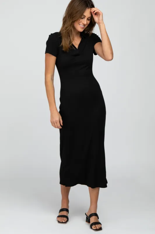 Black Ribbed Collared Fitted Midi Dress sold by Pinkblush