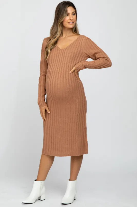 Camel Back Tie Maternity Midi Sweater Dress sold by Pinkblush