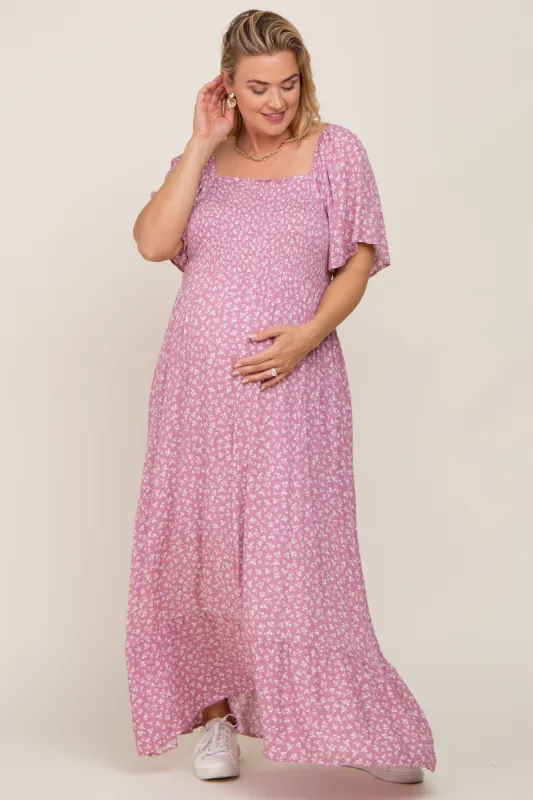 Lavender Floral Smocked Flounce Sleeve Maternity Plus Maxi Dress sold by Pinkblush