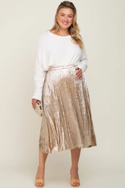 Beige Velvet Pleated Maternity Plus Midi Skirt sold by Pinkblush