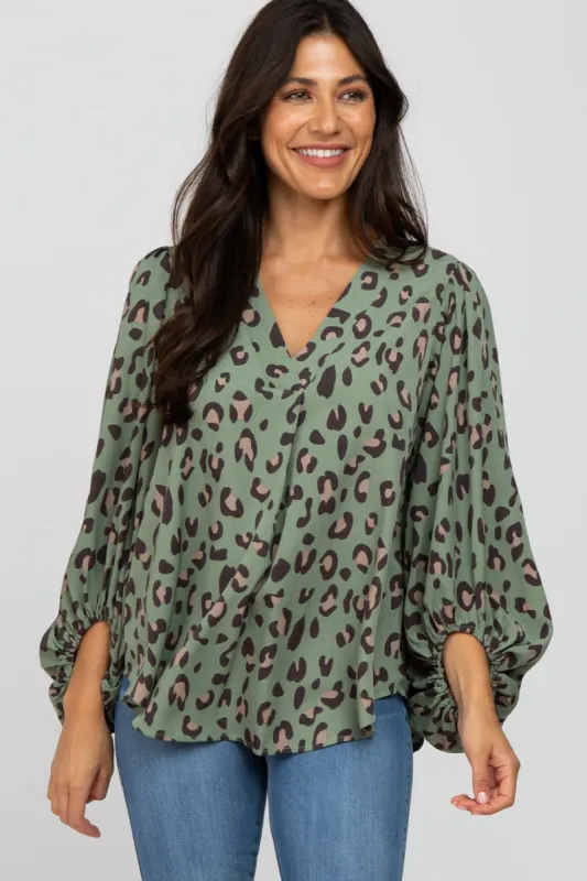 Olive Animal Print Balloon Sleeve Blouse sold by Pinkblush
