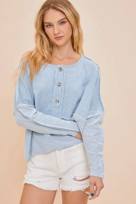 Denim Blue Button-Up Cut Edge Top sold by Pinkblush