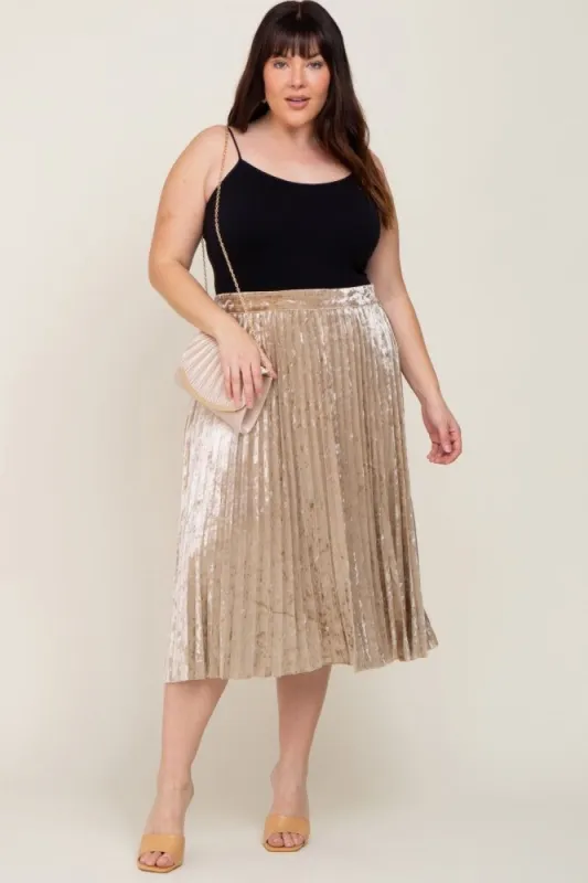Beige Velvet Pleated Plus Midi Skirt sold by Pinkblush