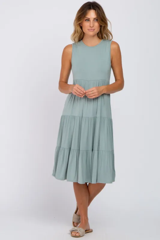 Light Olive Tiered Sleeveless Midi Dress sold by Pinkblush
