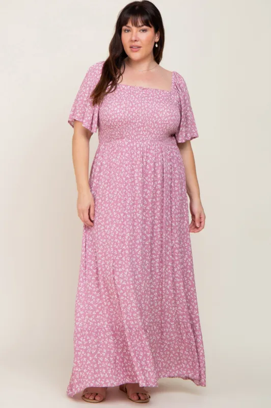 Lavender Floral Smocked Flounce Sleeve Plus Maxi Dress sold by Pinkblush