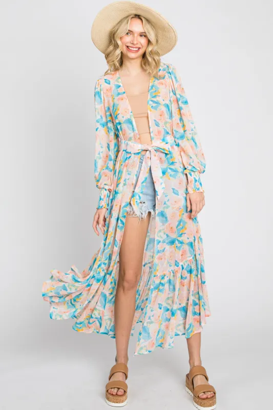 Aqua Floral Chiffon Ruffle Hem Cover-Up sold by Pinkblush