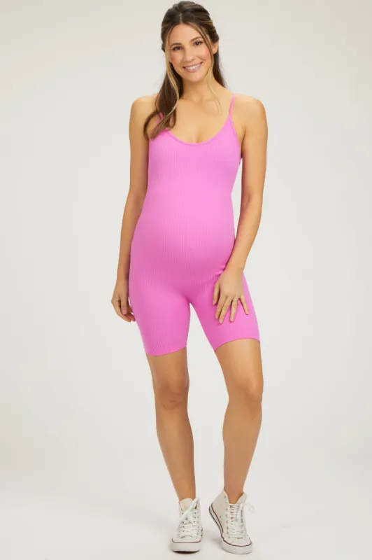 Fuchsia Ribbed Biker Short Maternity Romper sold by Pinkblush
