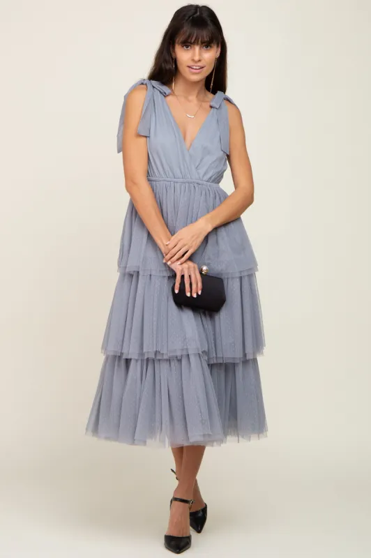 Light Blue Sleeveless Tiered Tie Strap Tulle Midi Dress sold by Pinkblush