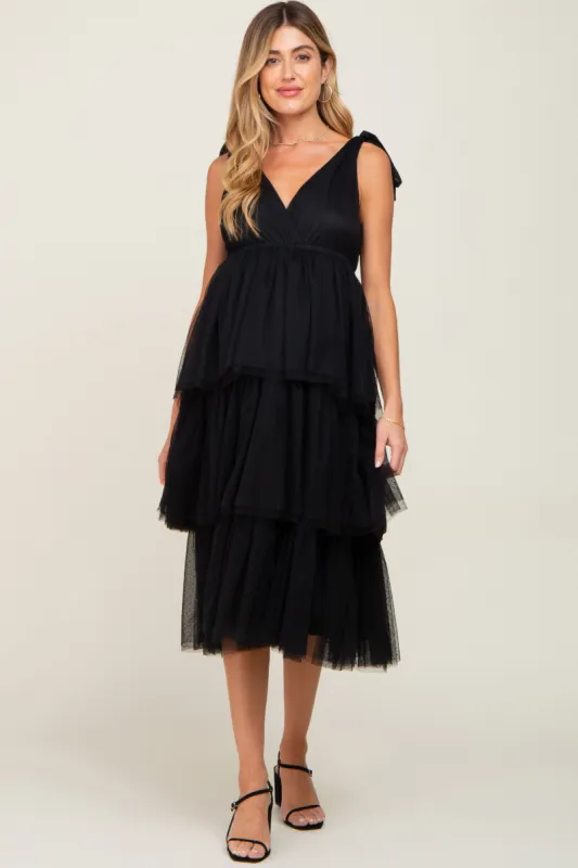 Black Sleeveless Tiered Tie Strap Tulle Maternity Midi Dress sold by Pinkblush