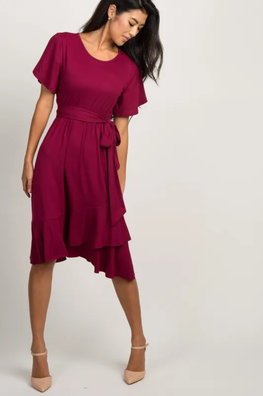 Burgundy Solid Flounce Trim Dress sold by Pinkblush