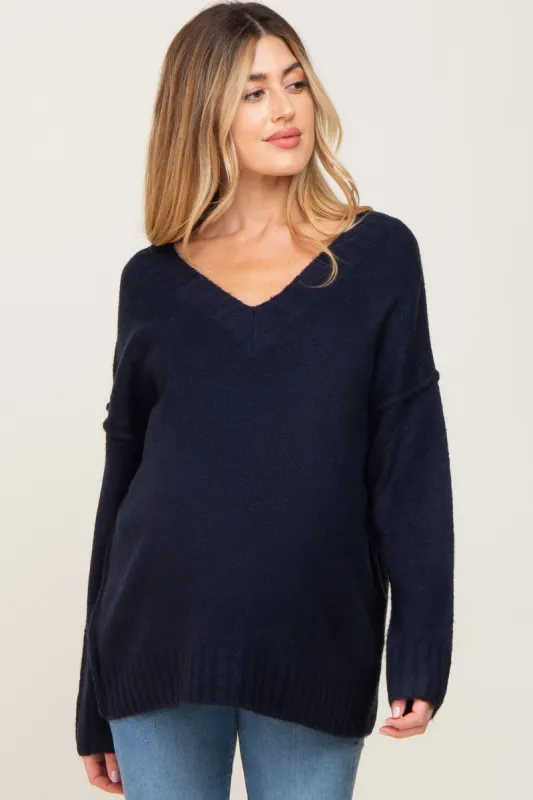 Navy V-Neck Brushed Knit Maternity Sweater sold by Pinkblush