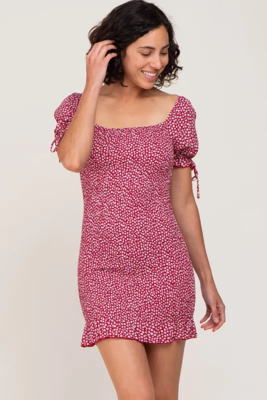 Red Floral Smocked Short Puff Sleeve Mini Dress sold by Pinkblush