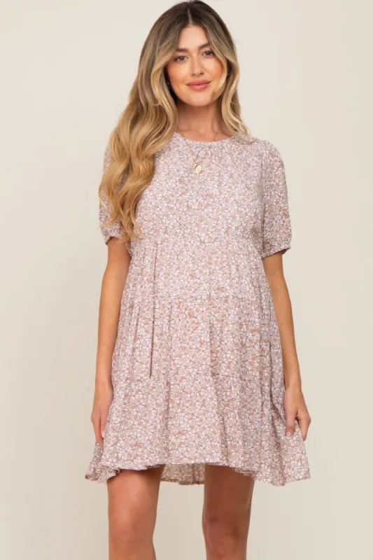 Taupe Floral Back Tie Tiered Short Sleeve Maternity Dress sold by Pinkblush