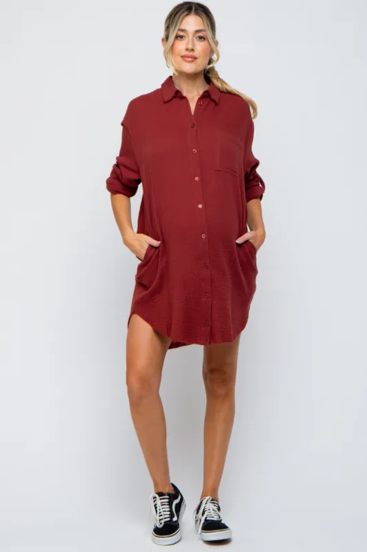 Burgundy Gauze Button Down Maternity Dress sold by Pinkblush