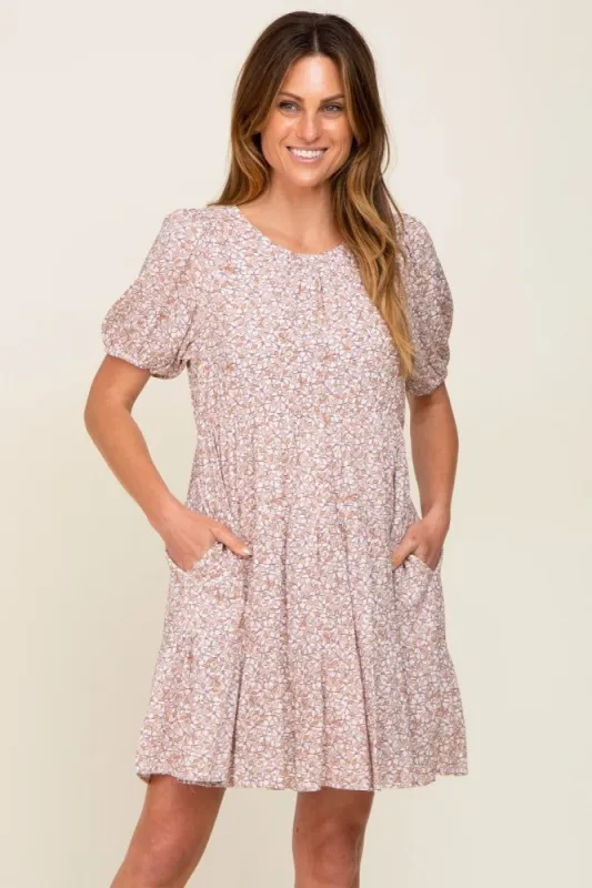 Taupe Floral Back Tie Tiered Short Sleeve Dress sold by Pinkblush