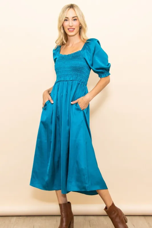 Turquoise Satin Smocked Midi Dress sold by Pinkblush