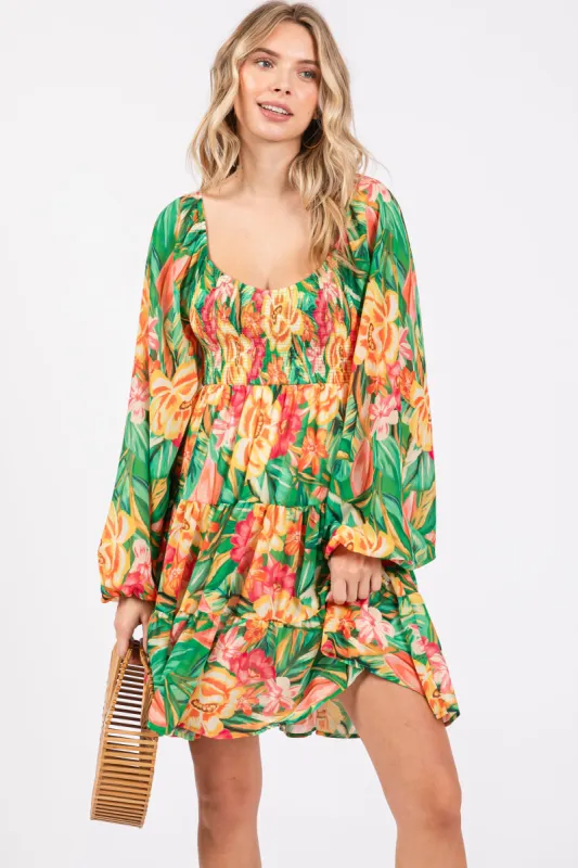 Green Tropical Floral Smocked V-Neck Midi Dress sold by Pinkblush