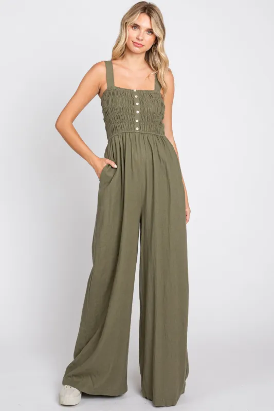 Olive Smocked Button Accent Linen Jumpsuit sold by Pinkblush
