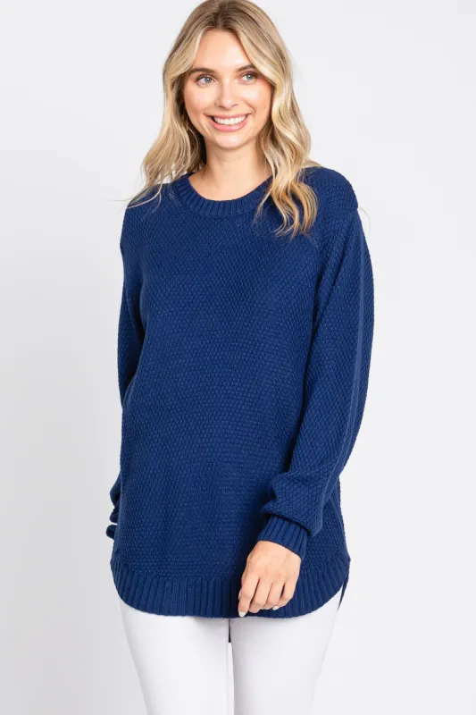 Navy Blue Waffle Knit Round Hem Sweater sold by Pinkblush