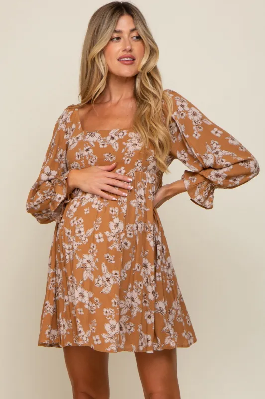 Camel Floral Long Sleeve Maternity Mini Dress sold by Pinkblush