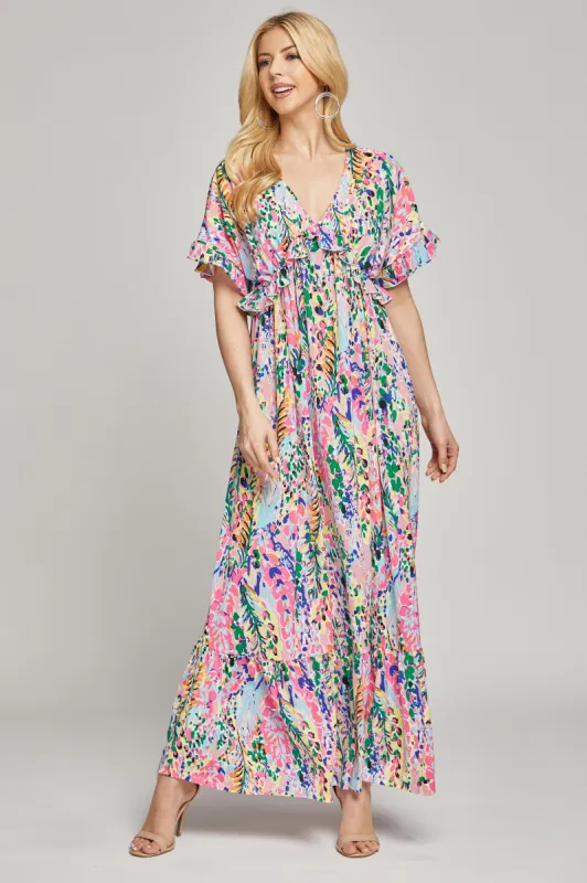 Pink Multi-Color Floral Ruffle Maxi Dress sold by Pinkblush
