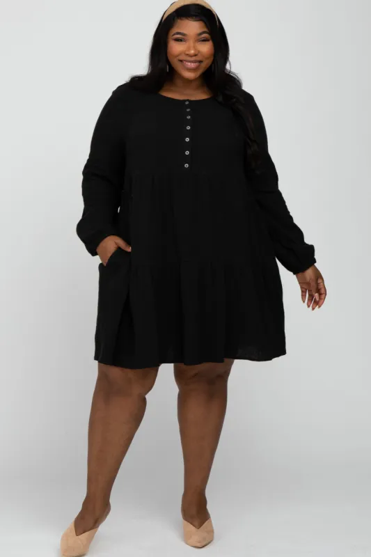 Black Gauze Button Front Tiered Plus Dress sold by Pinkblush