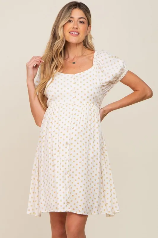 Yellow Floral Dotted Button Front Maternity Dress sold by Pinkblush