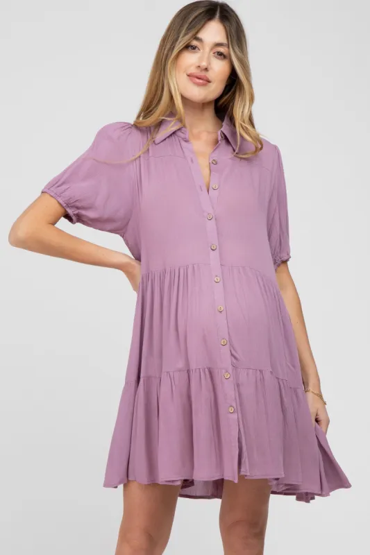 Violet Tiered Button Down Maternity Dress sold by Pinkblush
