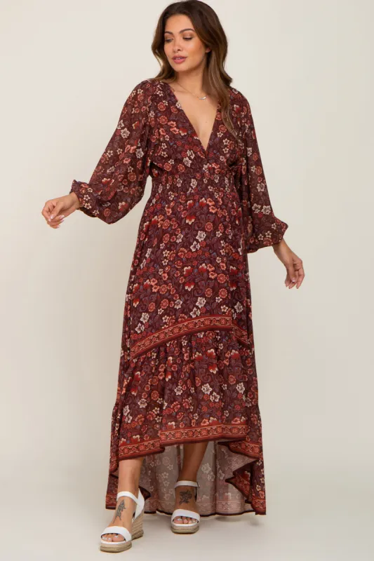Brown Floral Hi-Lo Train Maternity Maxi Dress sold by Pinkblush