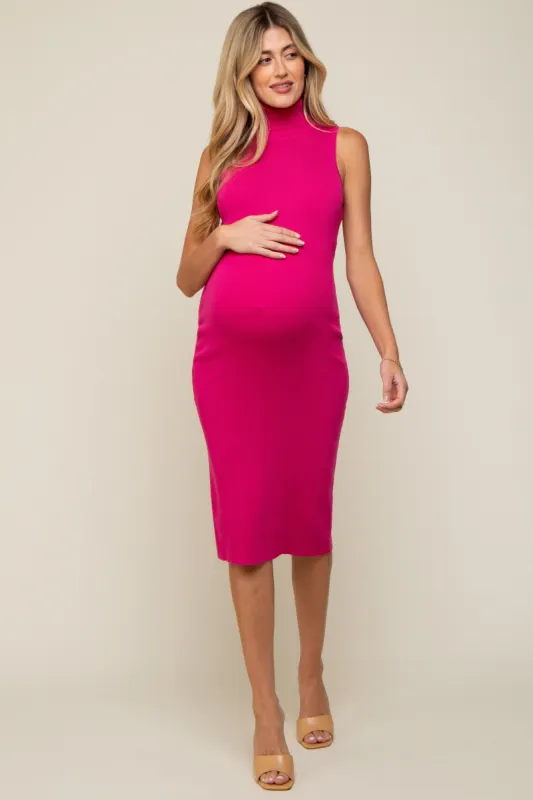 Fuchsia Knit Fitted Turtleneck Maternity Midi Dress sold by Pinkblush