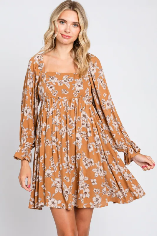 Camel Floral Long Sleeve Mini Dress sold by Pinkblush