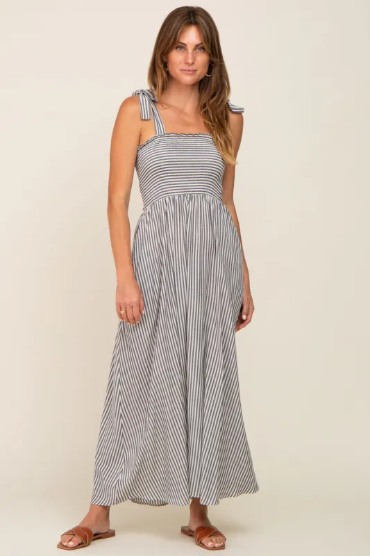 Black Striped Smocked Shoulder Tie Maxi Dress sold by Pinkblush