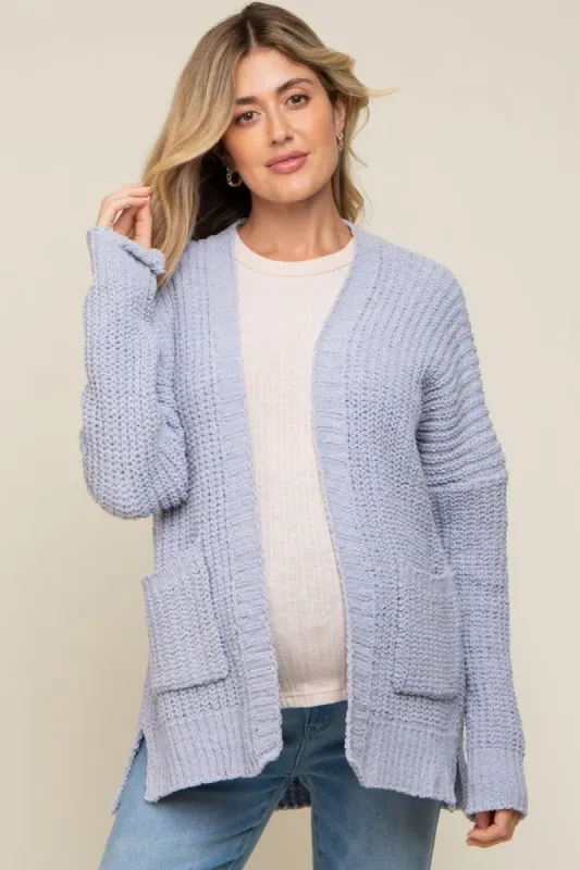 Blue Brushed Chenille Knit Maternity Cardigan sold by Pinkblush